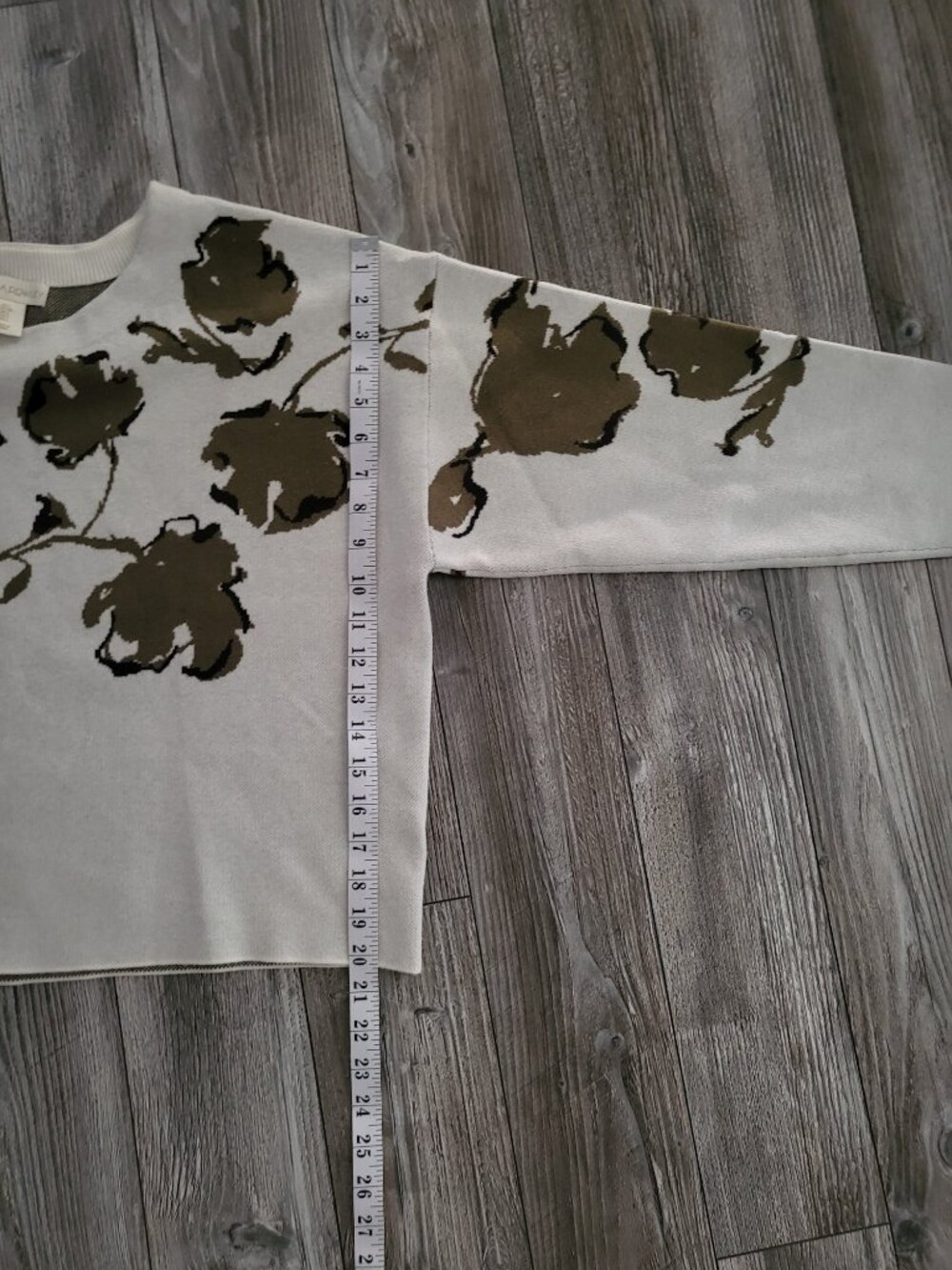 Cynthia Rowley Olive Green Floral Knit Sweater Cream Crop Top Pullover L - Picture 4 of 12